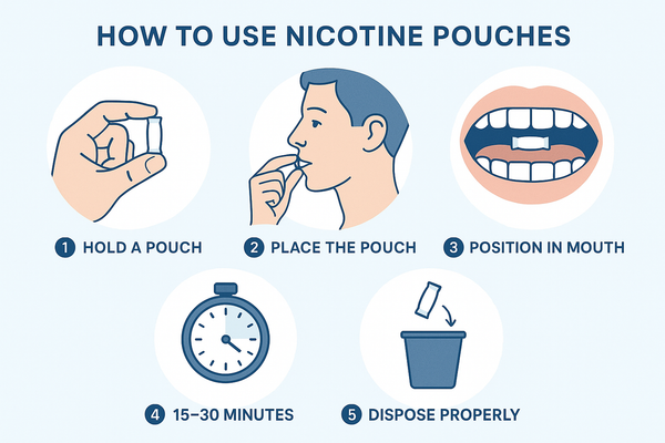 Educational infographic showing proper nicotine pouch usage steps