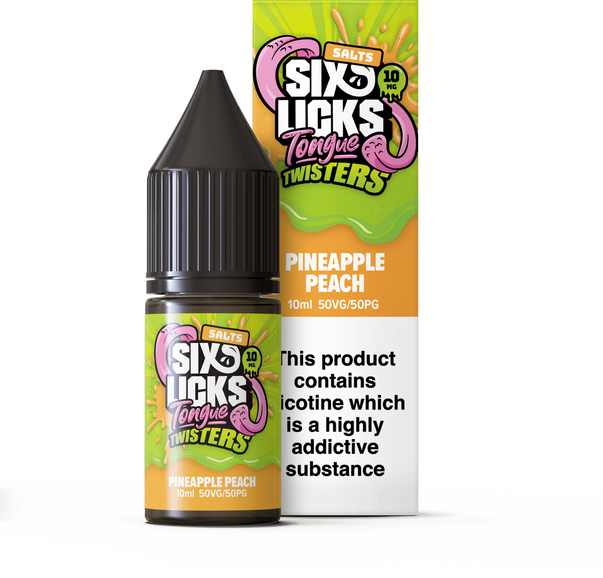 SIX LICKS - 10ML TONGUE TWISTERS PINEAPPLE PEACH NIC SALT E LIQUID - Super E-cig