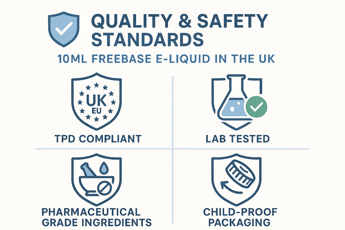 Professional infographic showing four key quality and safety standards: TPD Compliant, Lab Tested, Pharmaceutical Grade Ingredients, and Child-Proof Packaging with relevant icons and certification symbols